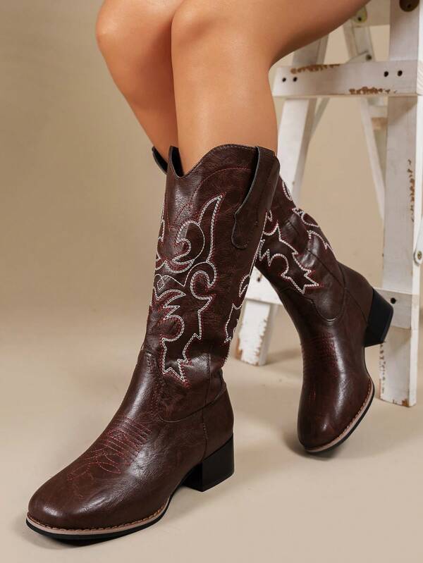 New Stylish Brown & Burgundy High-Top Women Outdoor Sports Boots, Elegant Pointed Toe Thick Heel Slip-On V-Cut, Comfortable Lightweight Anti-Slip Durable Casual Outdoor Western Boots