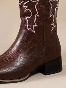 New Stylish Brown & Burgundy High-Top Women Outdoor Sports Boots, Elegant Pointed Toe Thick Heel Slip-On V-Cut, Comfortable Lightweight Anti-Slip Durable Casual Outdoor Western Boots