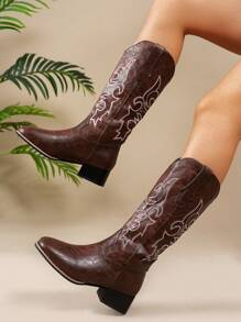 New Stylish Brown & Burgundy High-Top Women Outdoor Sports Boots, Elegant Pointed Toe Thick Heel Slip-On V-Cut, Comfortable Lightweight Anti-Slip Durable Casual Outdoor Western Boots