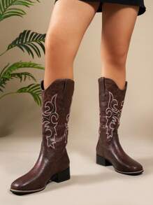 New Stylish Brown & Burgundy High-Top Women Outdoor Sports Boots, Elegant Pointed Toe Thick Heel Slip-On V-Cut, Comfortable Lightweight Anti-Slip Durable Casual Outdoor Western Boots