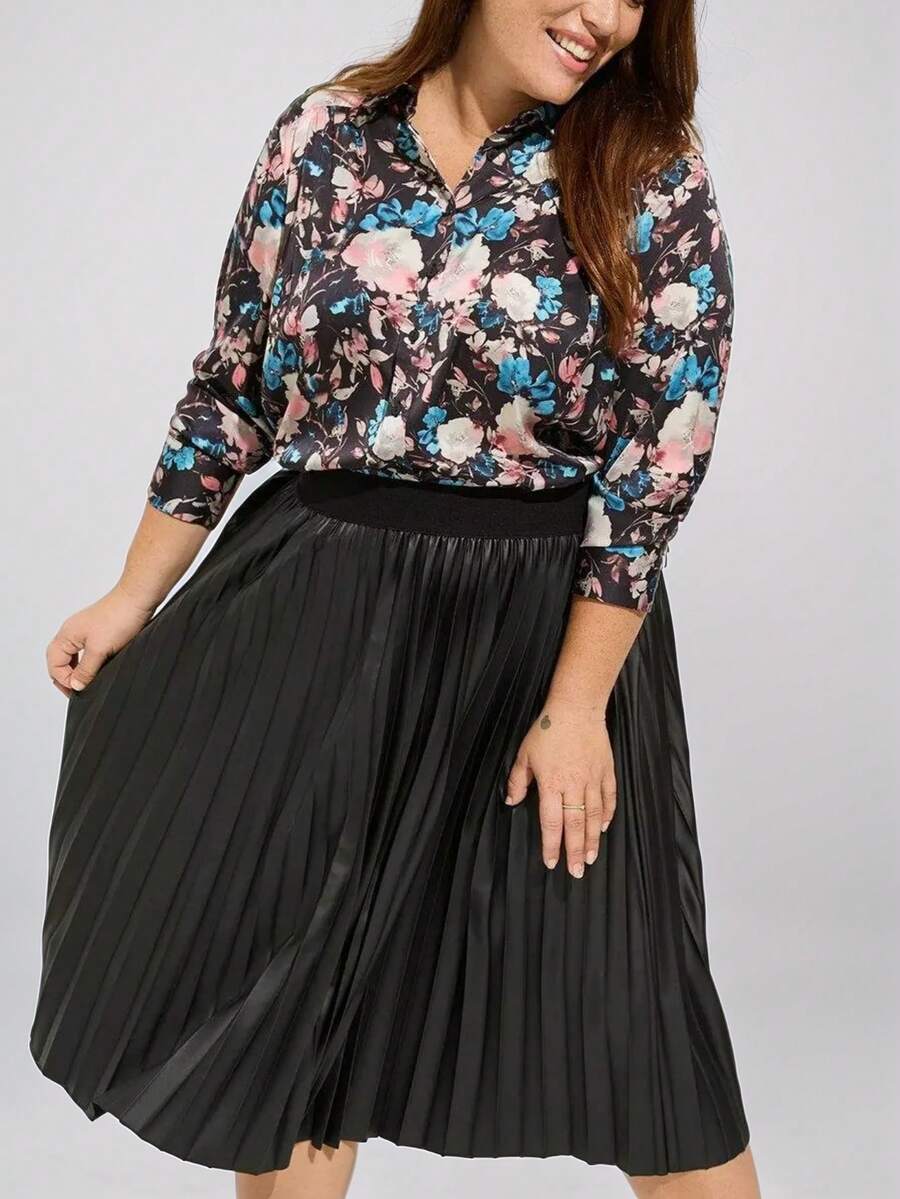 Plus Size Women Floral Allover Print Long Sleeve Shirt, Elegant For Autumn