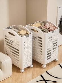1 件带轮子的塑料储物篮，可折叠大容量储物箱，洗衣收纳盒，浴室、阳台等，节省空间的正装裤子鞋子牛仔裤靴子裙子洗衣篮，洗衣篮浴室收纳盒，篮子，储物篮，可折叠洗衣篮 - 白色 - 查看 5