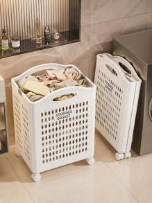 1 件带轮子的塑料储物篮，可折叠大容量储物箱，洗衣收纳盒，浴室、阳台等，节省空间的正装裤子鞋子牛仔裤靴子裙子洗衣篮，洗衣篮浴室收纳盒，篮子，储物篮，可折叠洗衣篮 - 白色 - 查看 2