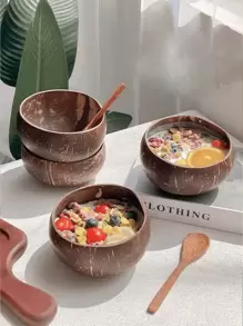 天然材料椰子碗，用于盛放酸奶、燕麦、沙拉和甜点，家用餐具，天然木碗配勺子，厨房，圣诞节 - 彩色 - 查看 12