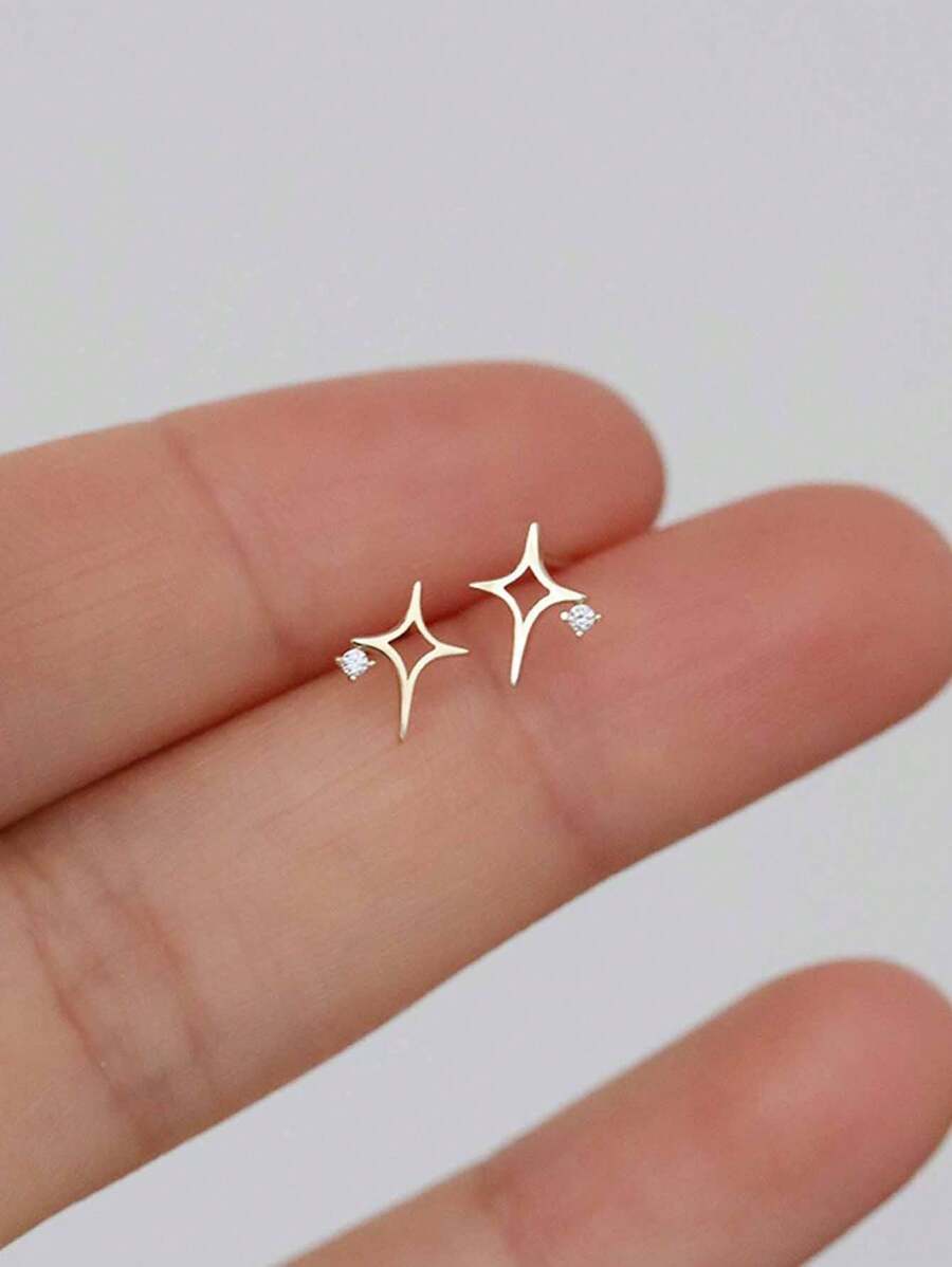 1 Pair 925 Sterling Silver Hollow Cubic Zirconia Star Design Stud Earrings, Fashion Jewelry Gift For Women,Party