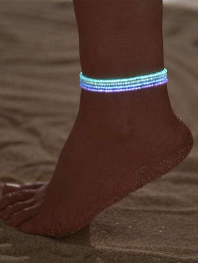 8pcs Glow-In-The-Dark Colorful Beaded Anklets, Absorb Light And Glow, Elastic Beach Anklets For Women