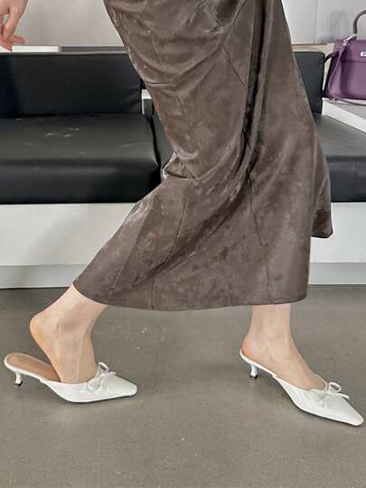 Bailarinas sin talón con lazo, de talla grande para mujer, versátiles, con tacón de gatito, para primavera/otoño