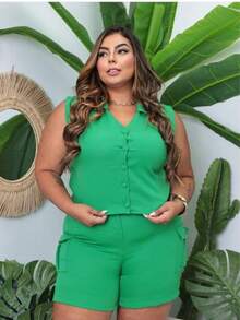 Women's Tailored Set Plus Size Cargo Shorts With Pockets And Lined Button Vest, Modern, Elegant, Versatile, Summer, New Year, New Year's Eve, Christmas, Gift, Plus Fashion, Special Size, Large - 綠色 - 查看 1