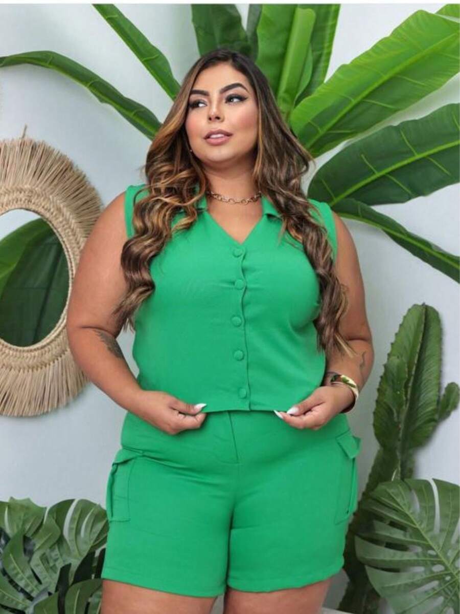 Women's Tailored Set Plus Size Cargo Shorts With Pockets And Lined Button Vest, Modern, Elegant, Versatile, Summer, New Year, New Year's Eve, Christmas, Gift, Plus Fashion, Special Size, Large - 綠色 - 查看 1