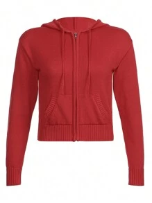 Womens Full Zip Knit Hoodies, Casual Solid Color Long Sleeve Drawstring Sweatshirts