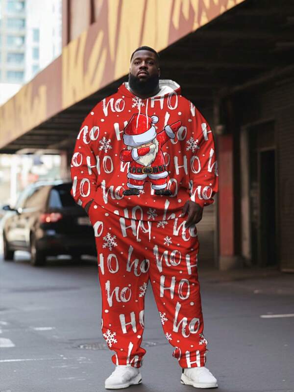 Hanorac cu imprimeu 3D Moș Crăciun, mărime mare, cu imprimeu față și spate, șnur de fixare, pulover cu buzunar tip marsupiu și pantaloni de trening, stil Crăciun