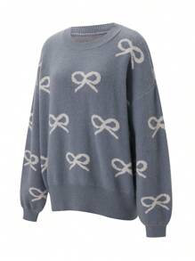 Women Cute Comfy Sweaters Casual Bow Print Warm Long Sleeve Pullover Basic Knitwear For Fall Streetwear