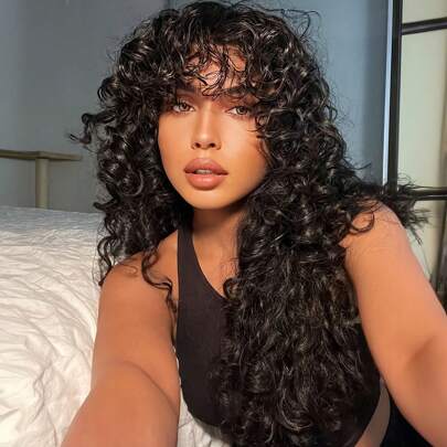 Chic Black Afro Curly Wig With Bangs For Women - Matte 24inch Long Kinky Synthetic Hair, High-Temperature Silk, Elastic Permeable Net, 150% Density