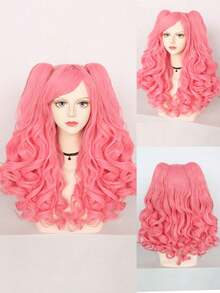 粉色、黑色、紫色、绿色 22 英寸 2 马尾哥特式时尚假发，适合角色扮演派对、情人节假发，可爱长卷发粉色假发 - 粉色 - 查看 1