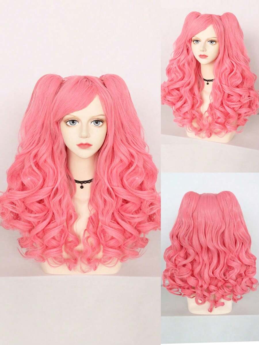 粉色、黑色、紫色、绿色 22 英寸 2 马尾哥特式时尚假发，适合角色扮演派对、情人节假发，可爱长卷发粉色假发 - 粉色 - 查看 1