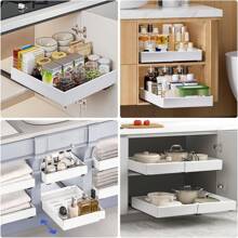 Pull Out Cabinet Organizer, Adjustable Expandable Slide Out Drawer, Roll-Out Sliding Drawer Organiser Shelf For Kitchen & Bathroom Storage, Easy Installation With Adhesive Film - White - View 7
