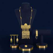 Mgyi Gold-Colored Copper Fashionable And High-End Luxury Retro Jewelry Set For Women,18K Gold Plated Elegant Luxury Square Design Pendant Necklace Earrings,Bracelet Ring For Women, Suitable For Nigeria, Dubai, Middle East, Saudi Arabia Bridal Wedding, Daily Wear, Wedding Anniversary Gift, Halloween Gift For Friends - Gold - View 2