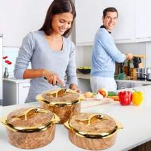 Juego de calentadores de acero inoxidable, set de 3 platos de cazuela térmica con tapa, recipiente aislado para caliente y frío, tazón para servir en bufés - Blanco - Ver 3