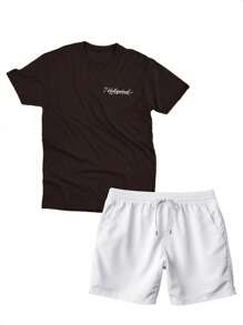 Conjunto Camiseta Algodão + Short Tectel Masculino Adulto Novidade - Marrom - Visão 2