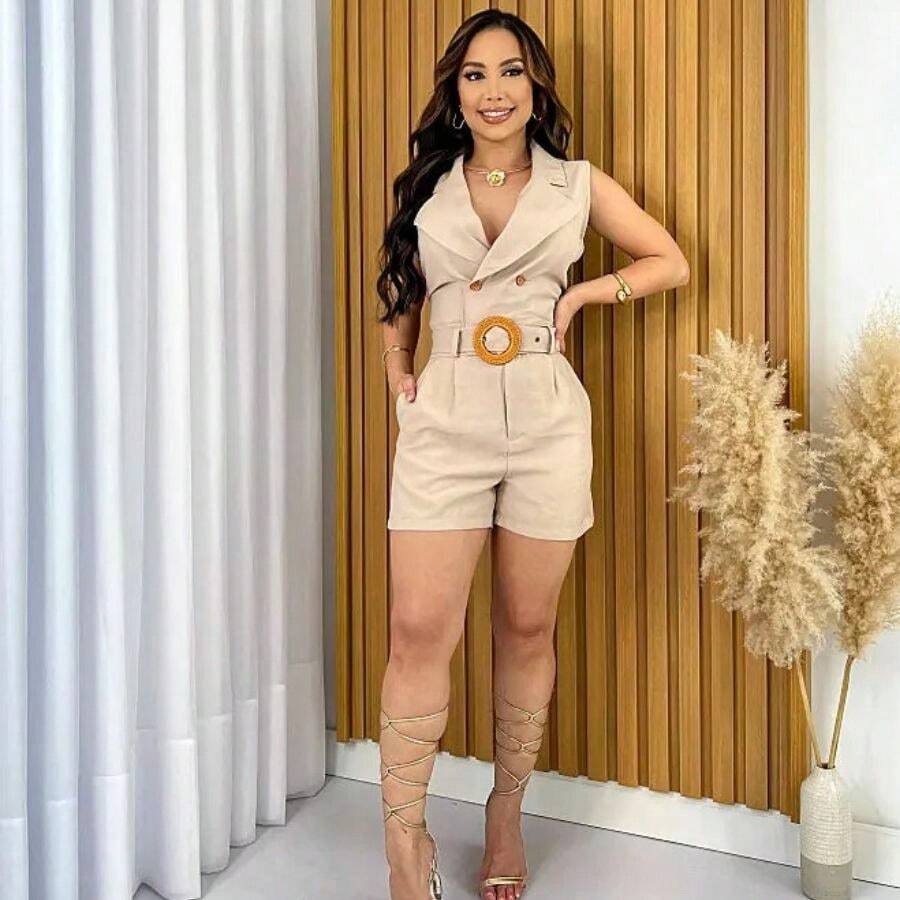 Luanna Romper In Linen Fabric With Belt - 米色 - 查看 1