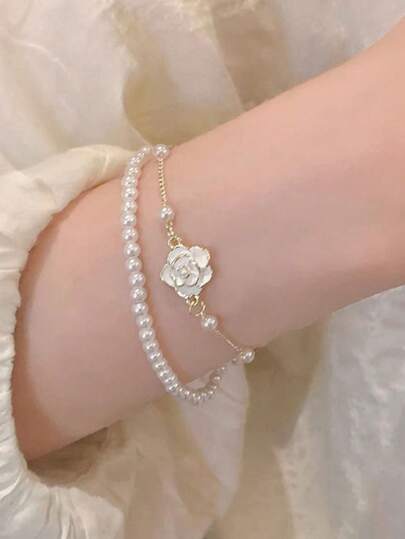 1pc Women's Double Layer Camellia Flower & Pearl Bracelet, Suitable For Dress, Casual Wear, And As Gifts For Friends