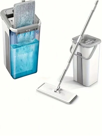 1 Set, Haushaltsreinigungsmop und Eimer Set, beinhaltet 2 Mopp Tücher, Freihände Waschflachmop, Staubentfernungsmop mit Eimer, Nass- und Trocknenreinigung, Mop für Fliesen, Marmor und Holzböden, Reinigungsbedarf, Reinigungsutensilien, Weihnachtsgeschenk