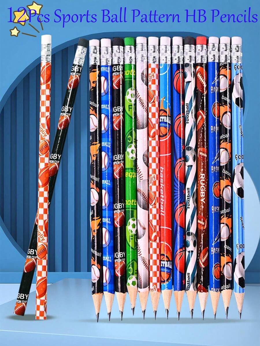 12pcs Sports Ball Pattern HB Pencils, Student Learning Supplies
