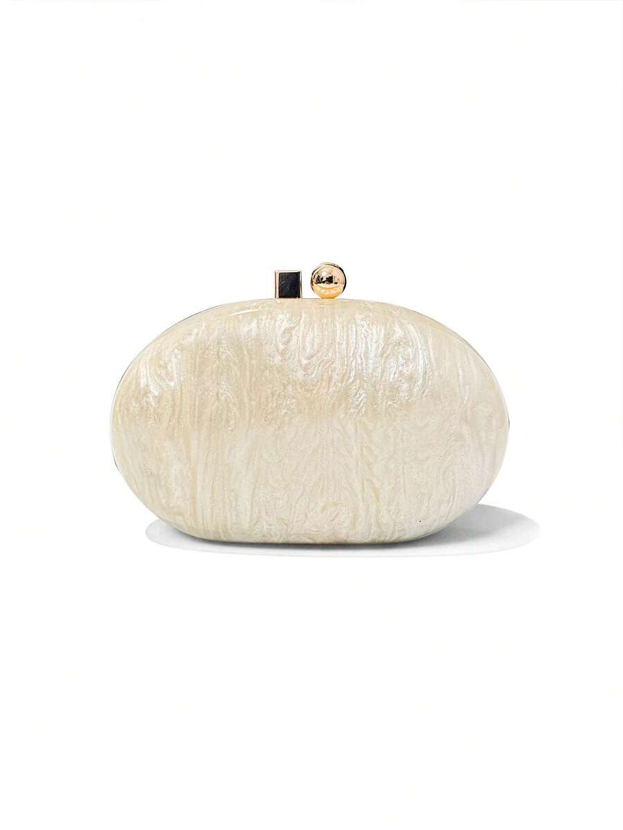 新款秋季亚克力大理石琥珀鸭蛋水彩贝壳手拿包，椭圆形贝壳手提包/单肩包 - 米色 - 查看 1