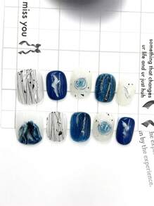 10 件/套 DIY 手工制作简约百搭手绘图案，纯手绘蓝色大理石图案融合，秋冬高端风格，包括短方形假指甲、1 件果冻凝胶和 1 件指甲锉，非常适合日常生活和派对装扮按压指甲美甲用品（显示卡随机） - 彩色 - 查看 1