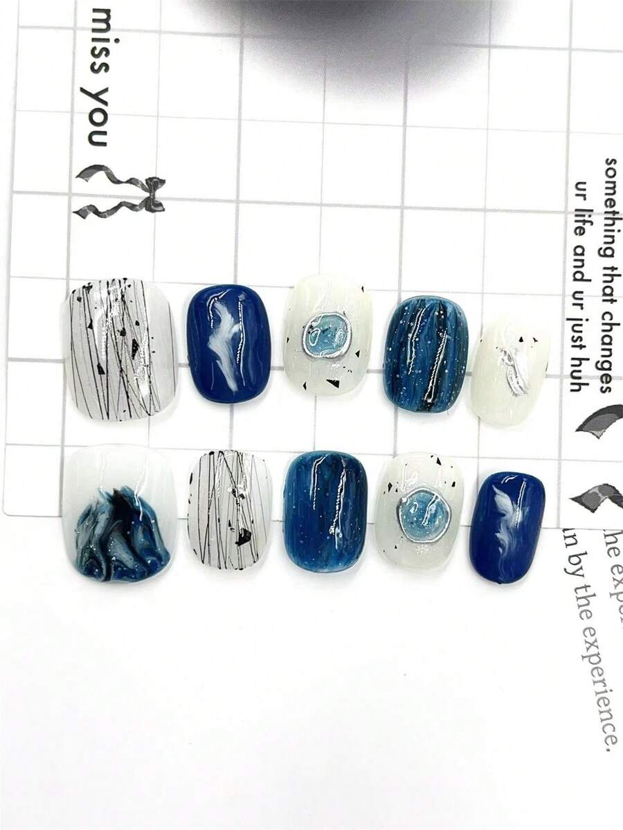 10 件/套 DIY 手工制作简约百搭手绘图案，纯手绘蓝色大理石图案融合，秋冬高端风格，包括短方形假指甲、1 件果冻凝胶和 1 件指甲锉，非常适合日常生活和派对装扮按压指甲美甲用品（显示卡随机） - 彩色 - 查看 1