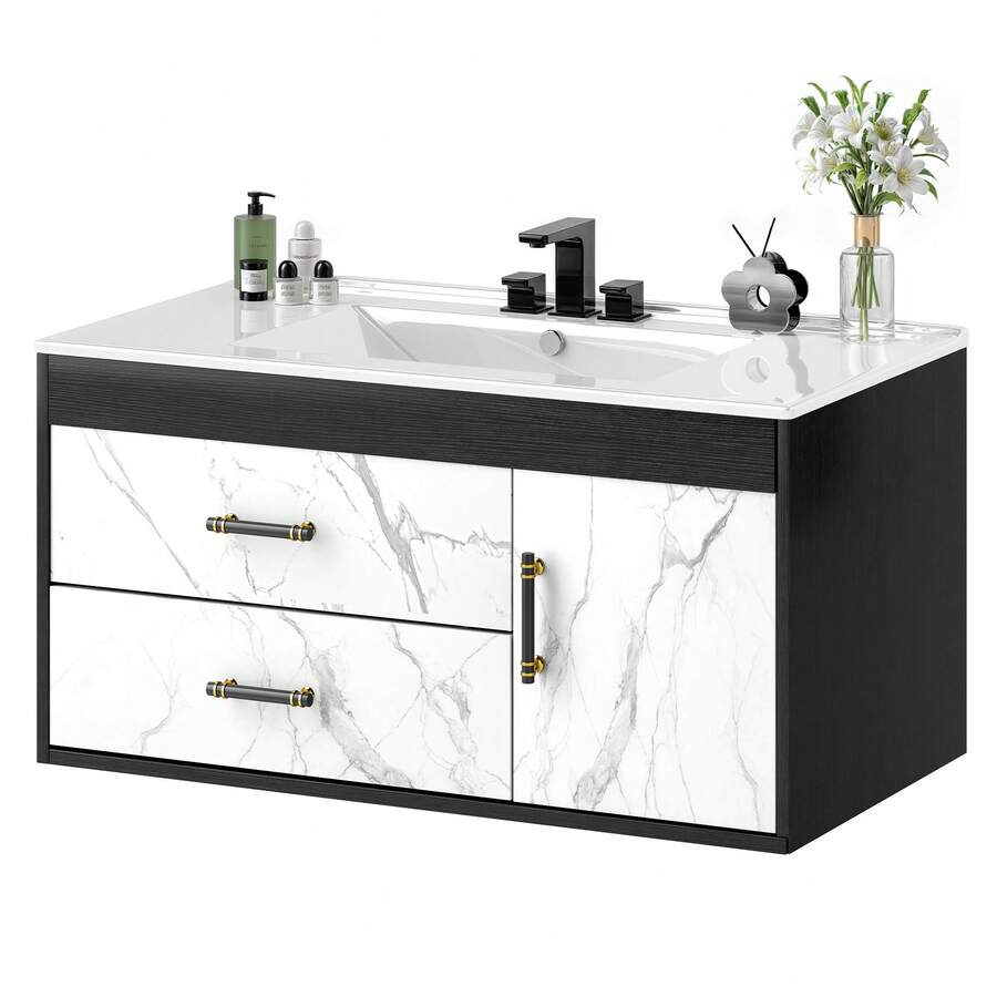 36 In Floating Bathroom Vanity With Ceramic Basin Sink With 2 Drawers