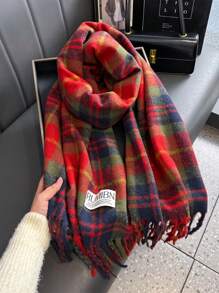 1 件女士加厚毛绒羊毛双面仿羊绒流苏针织围巾优雅时尚保暖披肩围巾女男士 - 紅色 - 查看 1