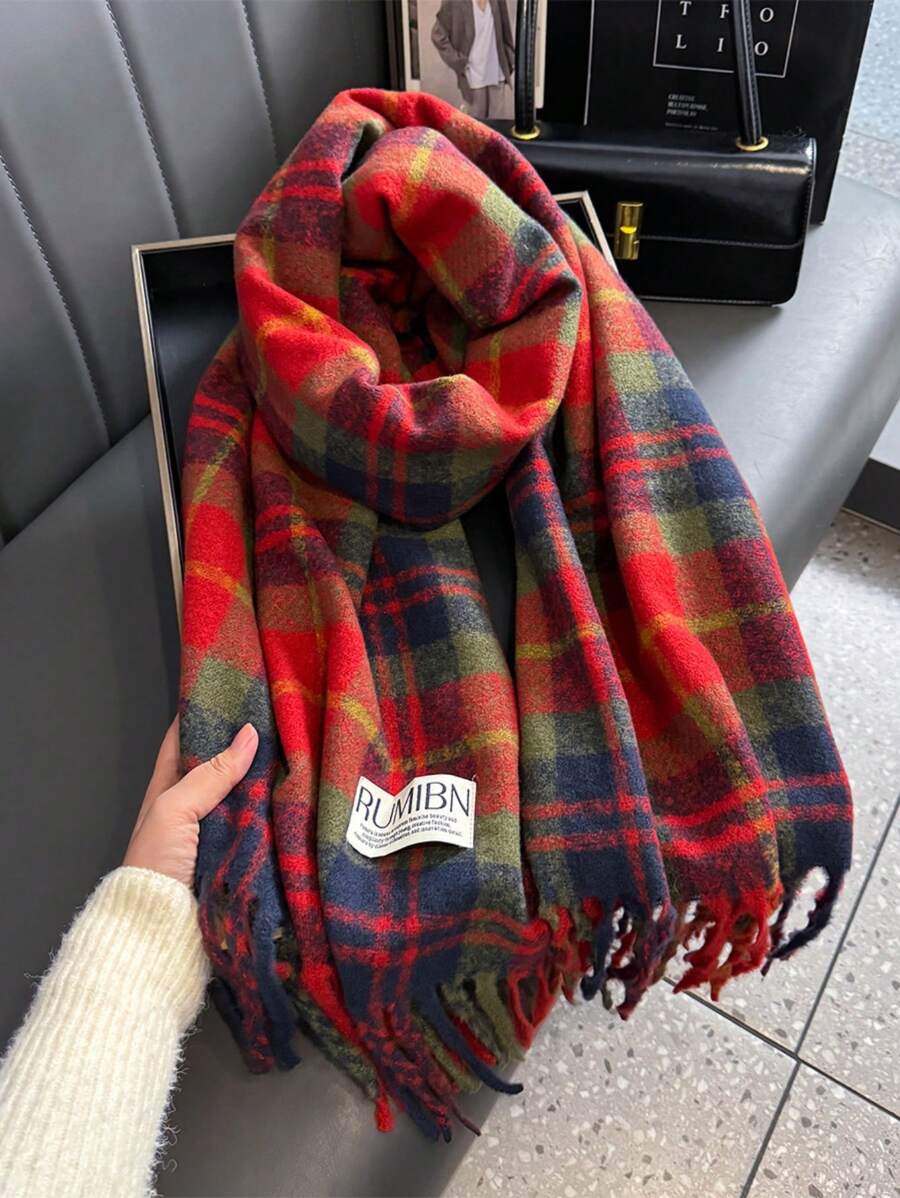 1 件女士加厚毛绒羊毛双面仿羊绒流苏针织围巾优雅时尚保暖披肩围巾女男士 - 紅色 - 查看 1