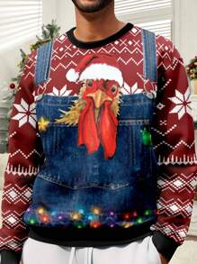 Chapéu de Papai Noel de Galo de Natal 3D Impressão Digital Gola Redonda Manga Longa Moletom Para Homens Plus Size - Multicolorido - Ver 1