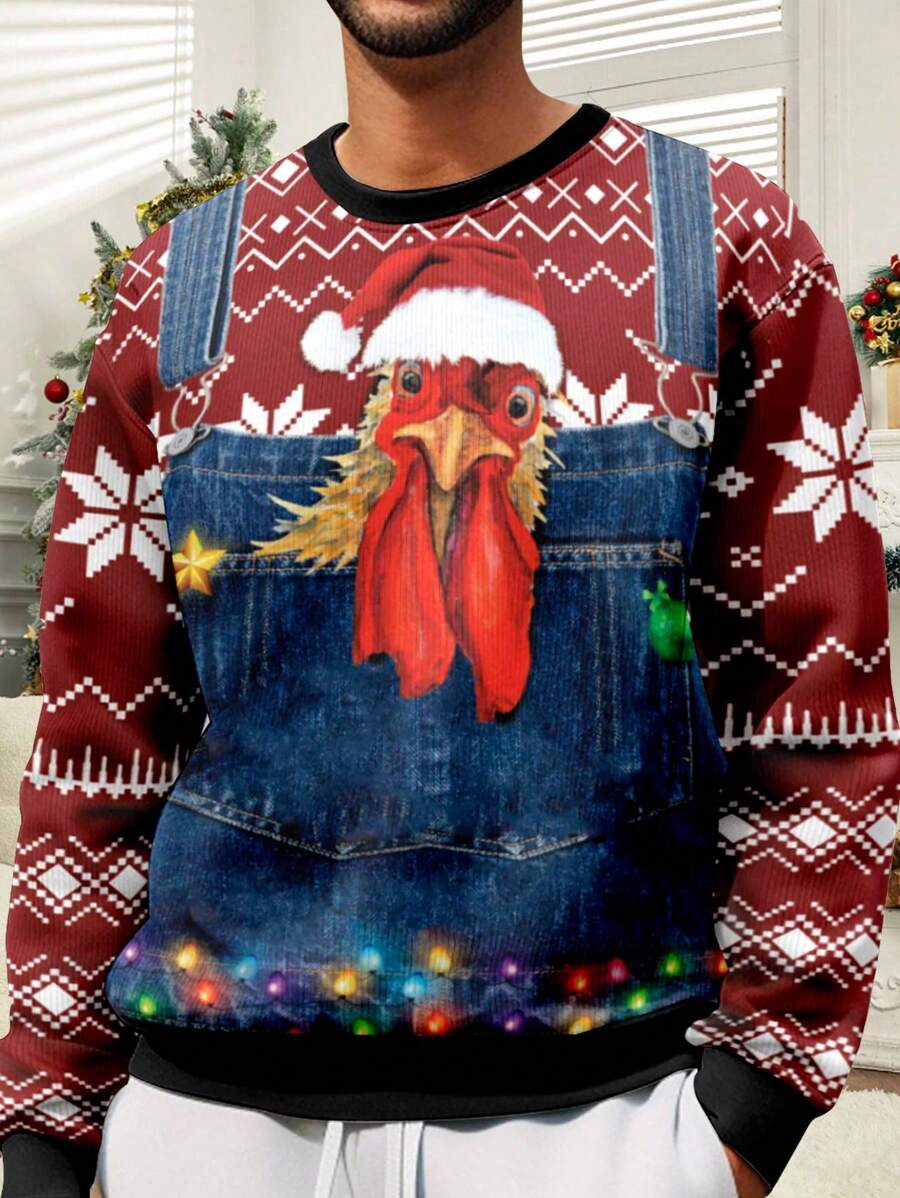 Chapéu de Papai Noel de Galo de Natal 3D Impressão Digital Gola Redonda Manga Longa Moletom Para Homens Plus Size - Multicolorido - Ver 1