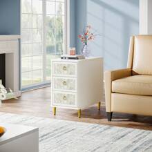 Tribesigns End Table With 3 Drawers, White Narrow Side Table For Living Room With 3D Printed Shell Finish, Modern Slim Nightstand And Bedside Table With Storage For Bedroom (1) - 白色 - 查看 6