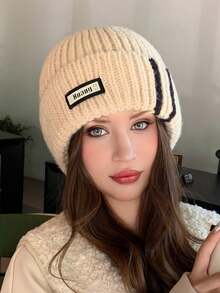 1 件女士条纹针织帽，秋冬季保暖针织帽，时尚百搭波西米亚风派对休闲优雅条纹字母大头围无檐帽适合户外、滑雪、骑行 - MM1609 - 查看 5