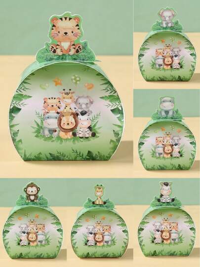 12 piezas Cajas de regalo con estilo verde 3D, cajas de regalo con temática de animales de la selva para fiestas de cumpleaños, suministros de embalaje, cajas de regalo de papel con temática de bosque verde para fiestas de cumpleaños y revelación de género