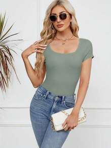 OUTBALL Women's Summer Scoop Neck Short Sleeve Ribbed Knit Slim Fitted Casual Basic TopT-Shirts - Cây xô thơm xanh - Xem 6