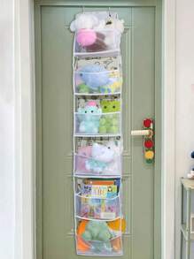 1个米色悬挂式收纳袋，可爱动物图案，6层房间收纳架，带透明网袋，可挂在门后；4层储物收纳架，适用于婴儿房收纳、娃娃架 - 彩色 - 查看 9