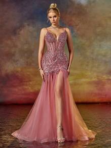 Deep V Neck Spaghetti Mermaid Prom Dress, Elegant Formal Evening Gown, For Wedding Guest, Graduation, Dinner Party Dress - Coral Pink - View 6
