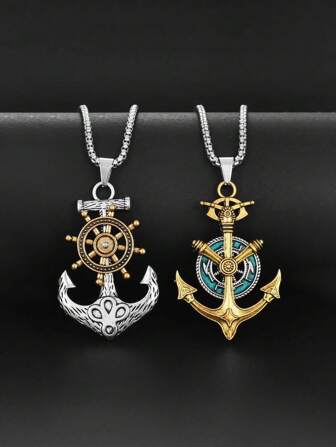 1pc Retro Medieval Navio Âncora Pingente Colar, Vintage Estilo Rua Colar Acessório, Adequado Para Homens Corrente de Suéter