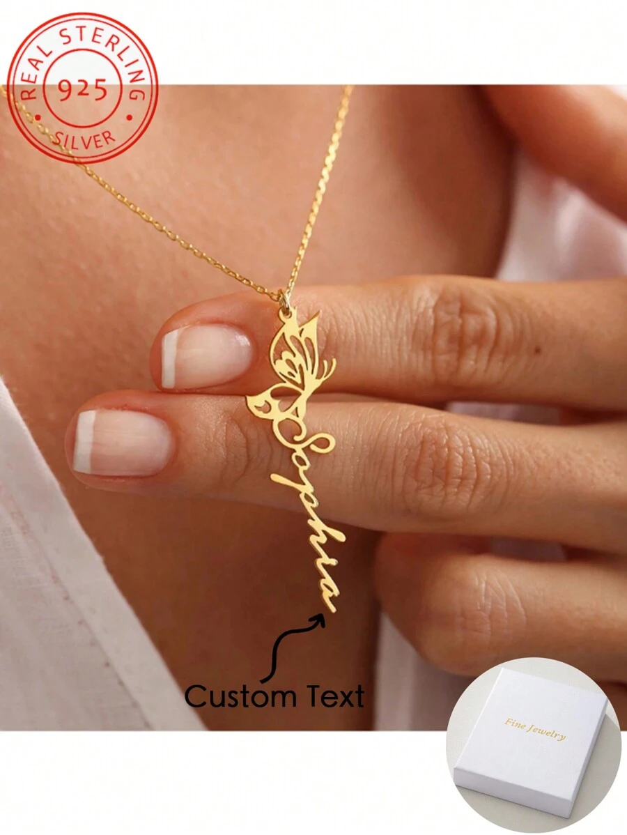 Dây chuyền tùy chỉnh tên con bướm bằng bạc 925 dành cho phụ nữ, tùy chỉnh với tên tiếng Anh của con bướm, thích hợp cho phụ nữ làm quà tặng du lịch/sinh nhật hoặc đeo hàng ngày - Vàng - Xem 1