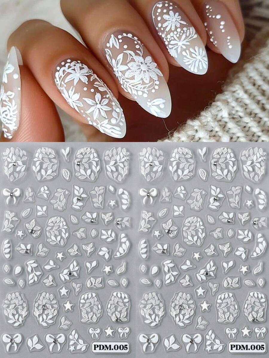 Miếng dán móng tay Giáng sinh 5D với thiết kế nơ lá trắng đính đá Rhinestone, miếng dán tự dính mùa đông ba chiều, dụng cụ trang trí nghệ thuật làm móng tay DIY - Nhiều màu - Xem 1