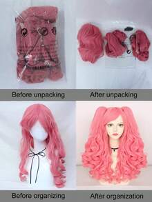 粉色、黑色、紫色、绿色 22 英寸 2 马尾哥特式时尚假发，适合角色扮演派对、情人节假发，可爱长卷发粉色假发 - 粉色 - 查看 6