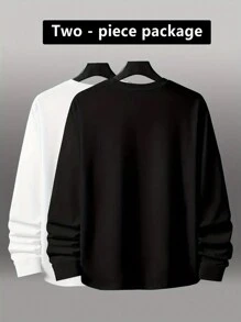 两件装男士休闲长袖T恤，简约时尚，适合日常穿着和旅行 - 黑與白 - 查看 8