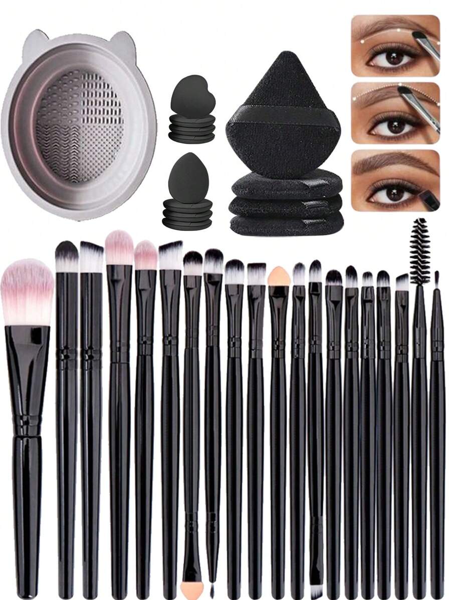 33/1pc Makeup Brush Set, Including: 20pcs Makeup Brushes (Face, Eye, Eyebrow, Foundation, Blush, Concealer, Lip, Detail, Nose, Eyeliner, Powder, Nail, Face Mask, 1pc Makeup Brush Cleaning Bowl, 4pcs Triangle Sponge Puff, 4pcs Mini Finger Sponge, 4pcs Mini Heart Sponge