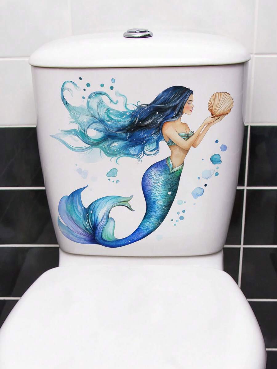 1pc Decorative Toilet Seat Sticker Cartoon Mermaid Pattern Self-Adhesive Sticker Waterproof And Removable PVC Bathroom Decoration Toilet Seat Sticker, Stickers, Wall Decal, Vinyl Decal For Home Decorations, Spring Decoration Items Refresh Your Home, Rama Decoration Stickers Gifts Birthday Graduation - Multicolor - View 1