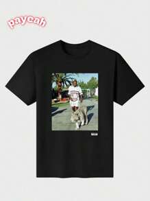 Mike Tyson Walking His Tiger On A Lead Casual Digital Print  Pure Heavy Cotton T Shirt - Black - View 1