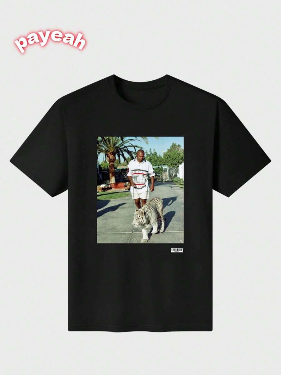 Mike Tyson Walking His Tiger On A Lead Casual Digital Print  Pure Heavy Cotton T Shirt - Black - View 1